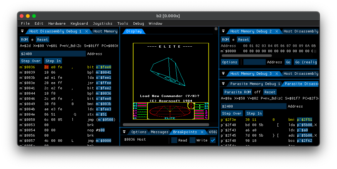 Elite running in the b2 emulator